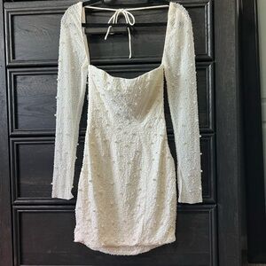 Oh Polly White Beaded Long Sleeve Mini Dress